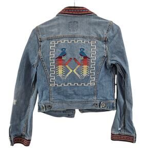 Lucky Brand Denim Trucker Jacket XS Small Womens Embroidered Boho Southwestern